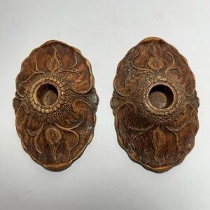 Vintage Resin Candleholders- Boho Mid Century Candlestick Holders PAIR Wood Look